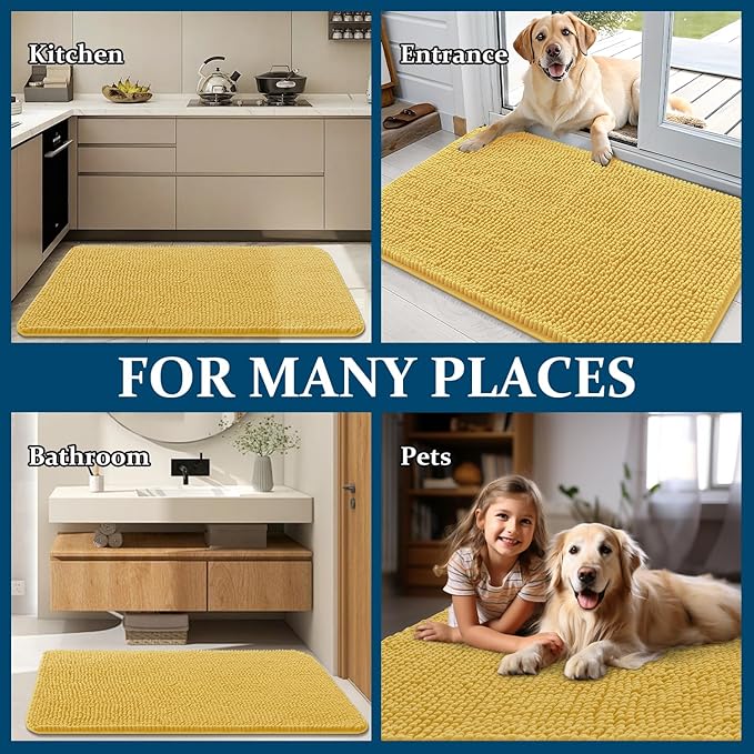 OLANLY Dog Door Mat for Muddy Paws 34x21, Absorbs Moisture and Dirt, Absorbent Non-Slip Washable Doormat, Quick Dry Chenille Mud Mat for Dogs, Entry Indoor Entryway Carpet for Inside Floor, Yellow
