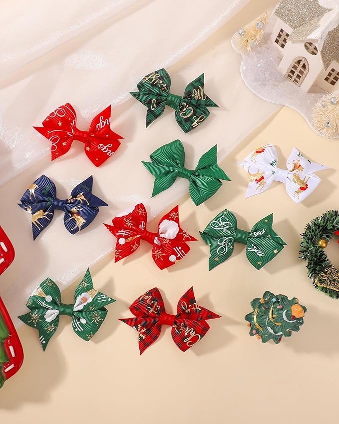 doboi 20PCS 2.4'' Baby Hair Clips Small Bows Fully Lined Grosgrain Boutique Solid Ribbon Small Bows for Girls Teens Infants Kids Toddlers Newborn (CHRISTMAS)