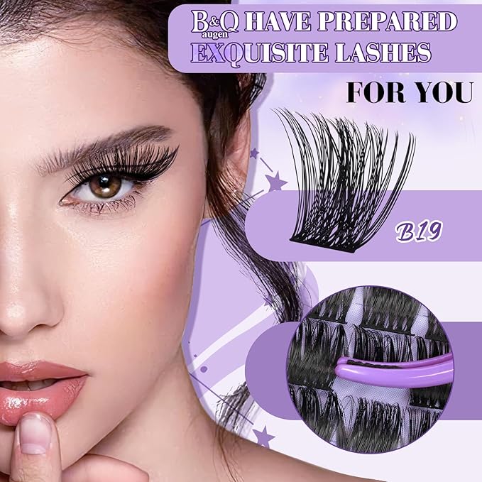 B&Q Wispy Lash Clusters Kit B19, DIY Lash Extension Kit 156PCS Eyelash Extension Kit, Soft Natural Lash Clusters 8-18MIX D Curl Lash cluster, Thin Black Band Cluster Eyelash Extensions (B19 Set)