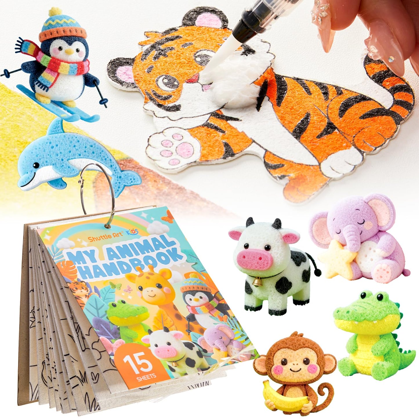 Shuttle Art 63 Pcs Magic Foam Texture Painting Kit – Animal Series: 15 Animal Foam Pieces, Coloring Book with 15 Scenes, 12 Acrylic Paint Markers, Magical 3D Effect DIY Art Craft