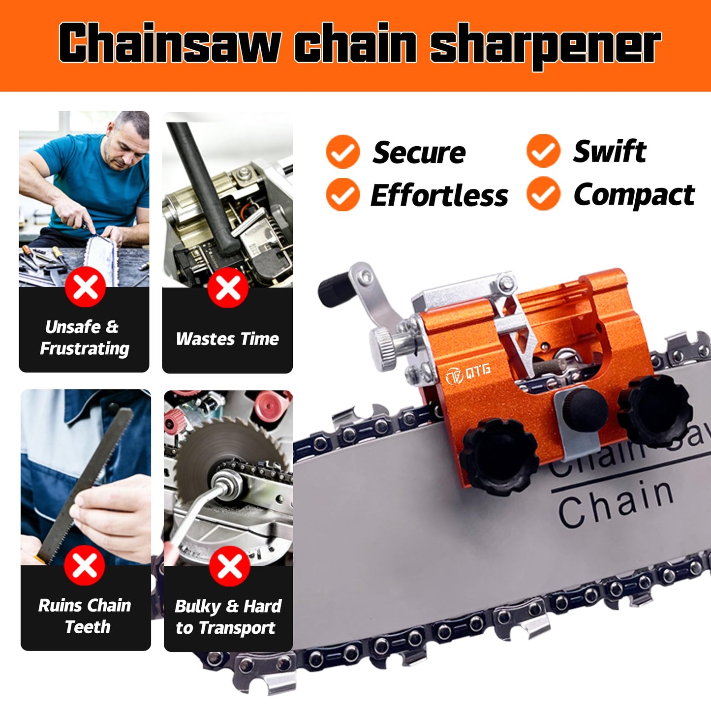 QTG Manual Chainsaw Sharpener,Chain Sharpener,Chain Saw Sharpener Portable Hand Crank Chain Sharpening Tool with Durable Clamp - Easy to Use & Accurate Chain Grinder Set for All Standard Chainsaws