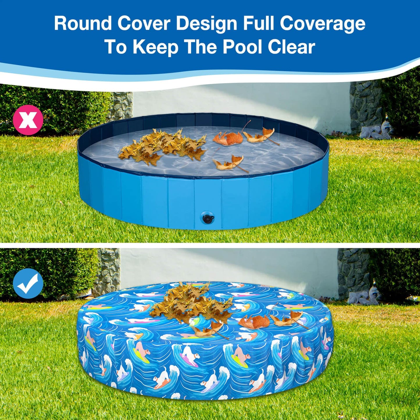 Ladadee Foldable Round Dog Swimming Pool Cover, for 32 "/63“/48” Collapsible Outdoor Tub, PVC Coating Waterproof and UV Protection, Leakproof Washable Kiddie Pet Small Paddling Bath Accessories