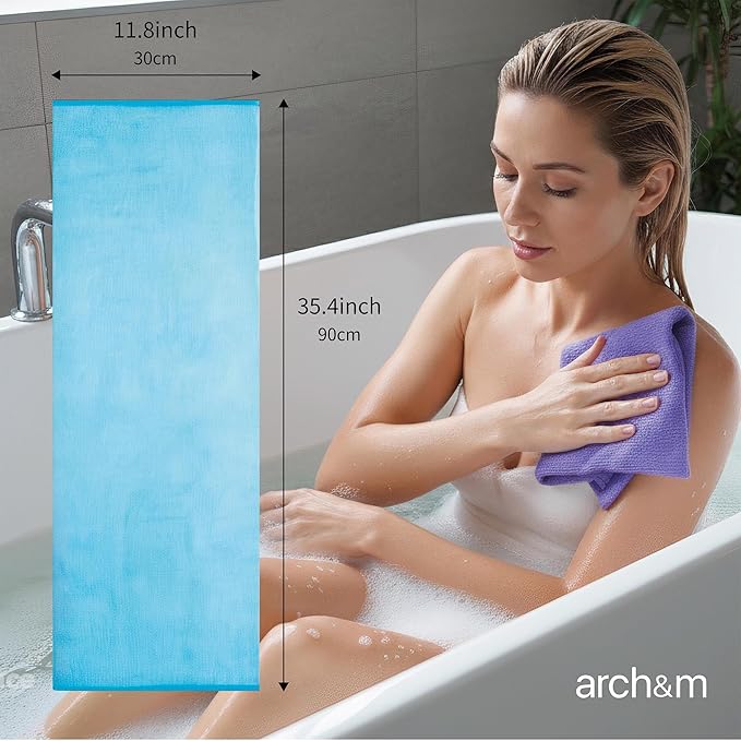 ARCH&M 3 Pack Exfoliating Towel for Body, 35-Inch Korean & Japanese Style Washcloth for Shower, Deep Clean & Smooth Skin, Nylon Back Scrubber, More Hygienic Than Loofah (Orange Purple Navy-Blue)