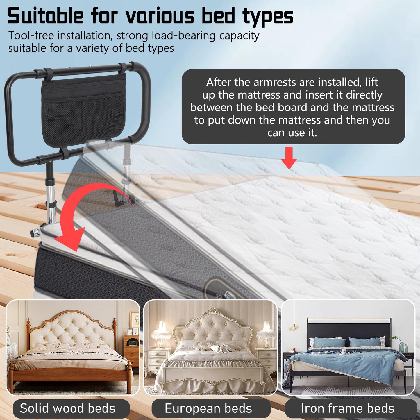 BQKOZFN Bed Rails for Elderly Seniors, Height Adjustable Home Bed Rail Assist Bar with Storage Pocket, Support Up to 330lbs