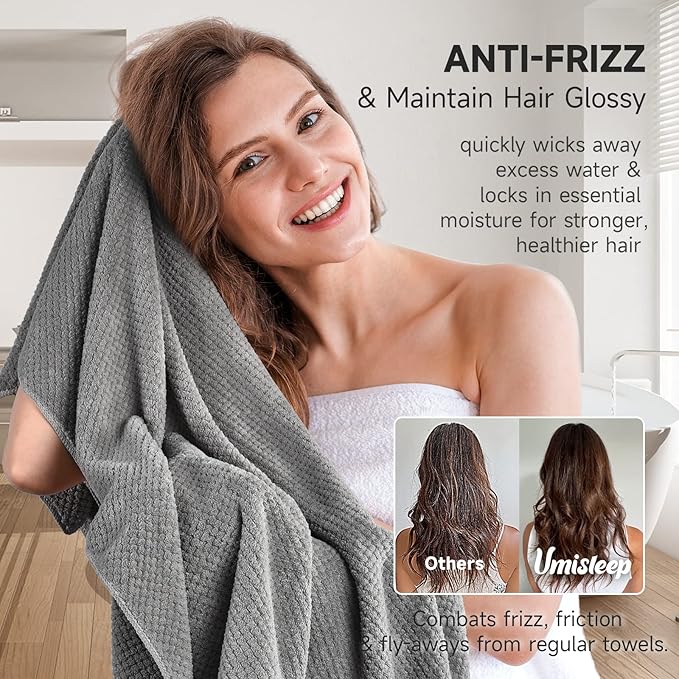 Umisleep Extra Large Microfiber Hair Towel for Women Long, Curly, Thick Hair, Super Soft Anti Frizz Quick Dry Hair Towel Wrap, Ultra Absorbent Hair Turban with Elastic Band Grey