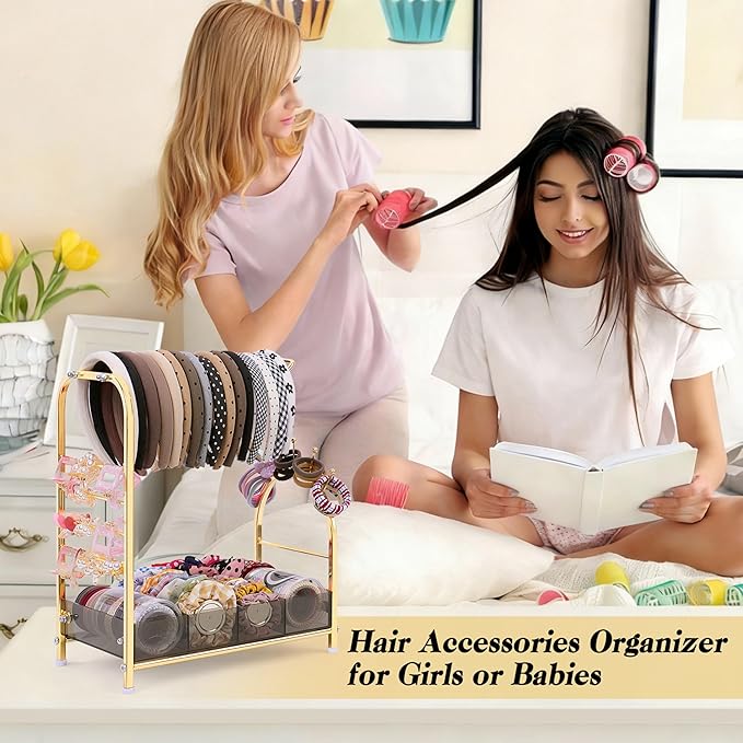 Keebofly Acrylic Hair Accessories Organizer, Versatile Headband Holder Stand for Scrunchies, Bows, Claw Clips, Hair Tie, Compact Hair Organizer Storage for Girls, Women, Babies, Amber & Gold-Plated