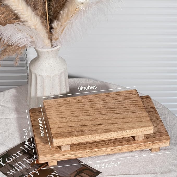 zoocatia Small Wood Tray Pedestal Stand Farmhouse Bathroom Decor Decorative Wooden Riser Kitchen Soap Dish Holder for Vanity, Counter, Sink, Large 11.8" x 7" - Brown