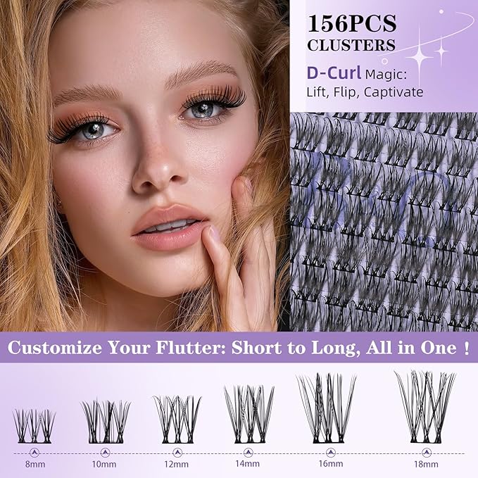 B&Q Wispy Lash Clusters Full B49,Eyelash Clusters 156PCS Comfortable band Cluster Eyelash Extensions,8-18mm Volume Individual Lashes Lightweight D Curl Lash Clusters Soft Eyelashes Natural Look(B49)