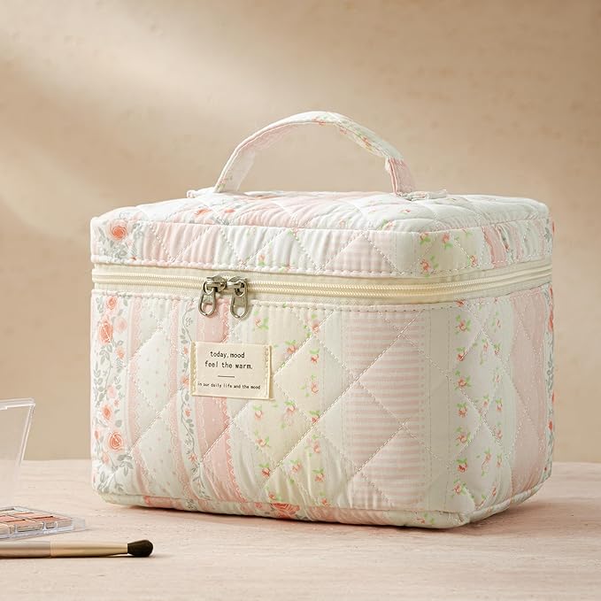 HBselect Quilted Makeup Bag, 3PCS Cotton Large Travel Makeup Bag, Cute Floral Coquette Make up Bag Cosmetic Bag Toiletry Bag for Women Girls