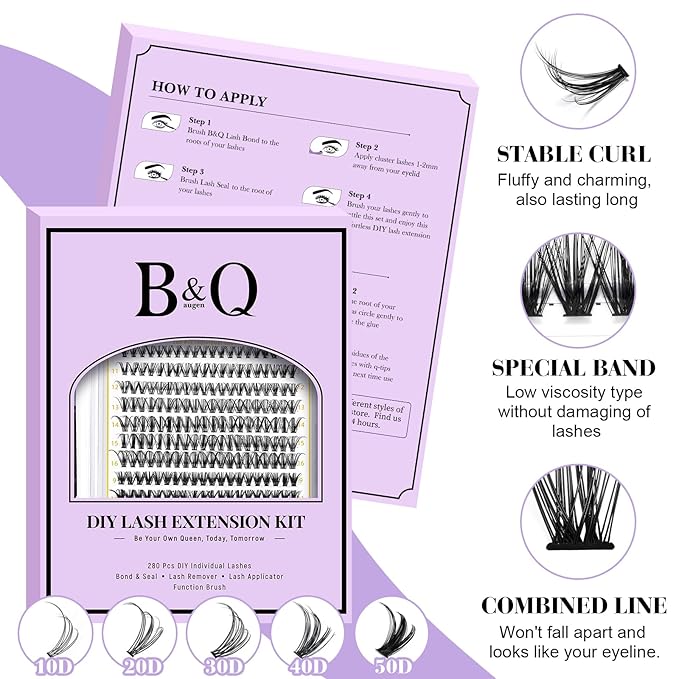B&Q Lash Clusters Kit 280PCS Eyelash Clusters Kit,30D 40D C 9-16MIX Individual Lash Comfortable Eyelash Extension Set, Classic Look with Bond and Seal Waterproof, Remover DIY at Home(Set,30D40D-C)