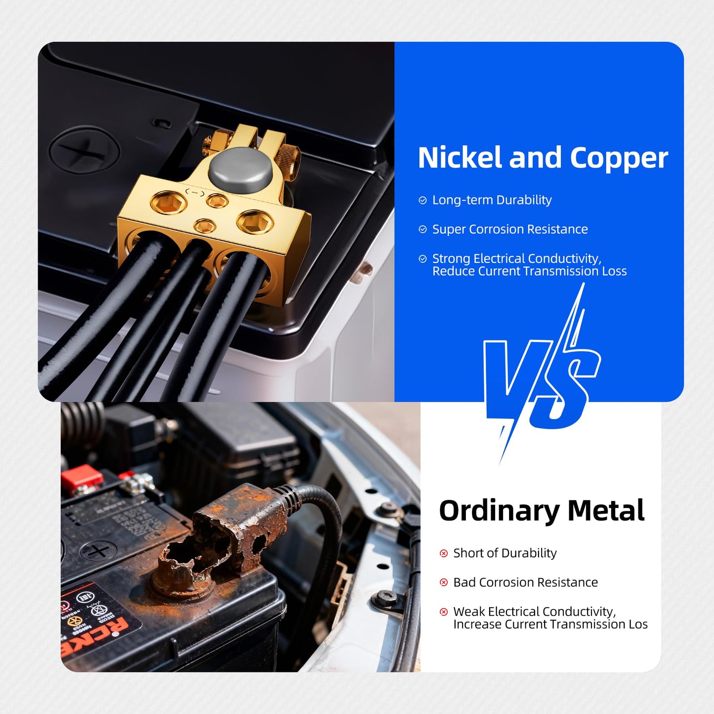 SUNMORN Battery Terminal Connectors, 0/2/4/6/8/10 AWG Battery Terminals, Heavy Duty Car Battery Terminal, Top Post Multiple Marine Superior Connectivity Long Lasting Easy to Install Versatile (Gold)