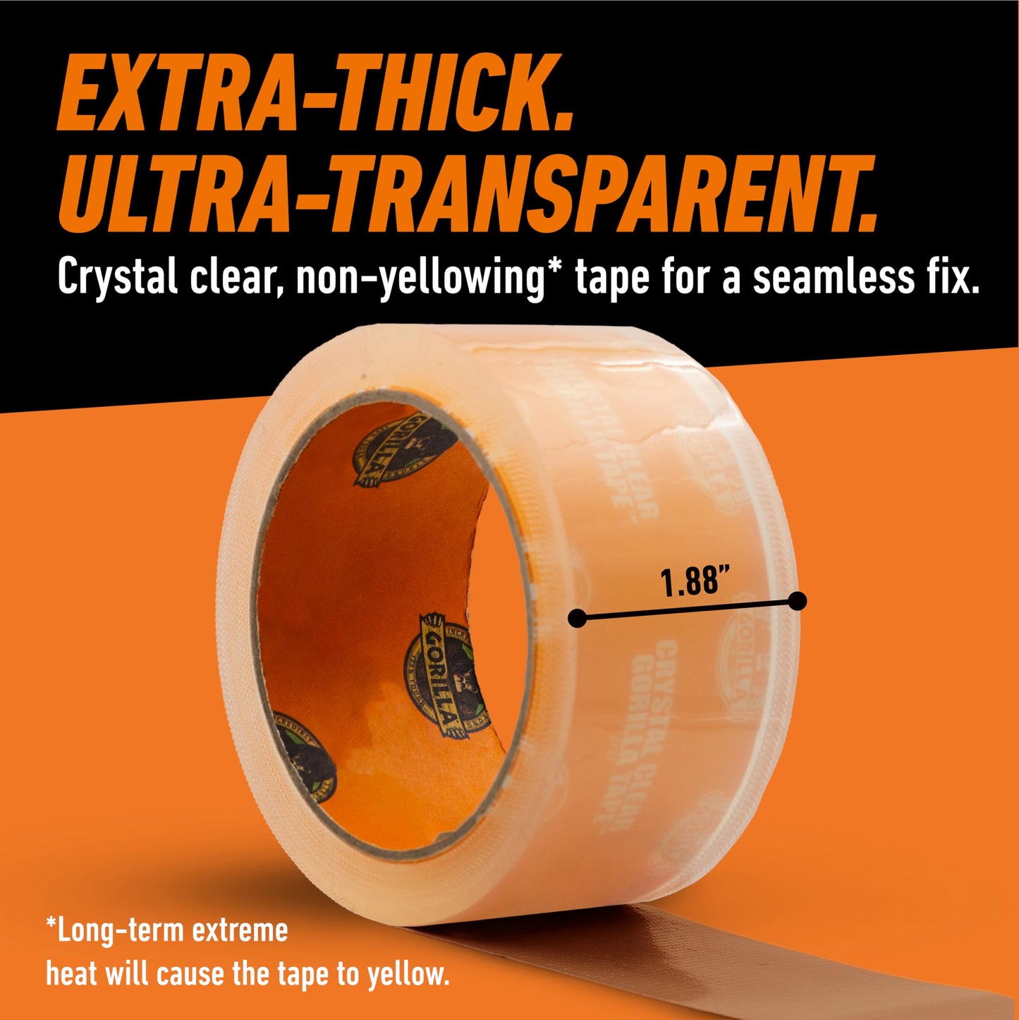 Gorilla Crystal Clear Tape, 1.88” x 18 yd (Pack of 2) - Weather Resistant for Indoor or Outdoor Projects and Repairs
