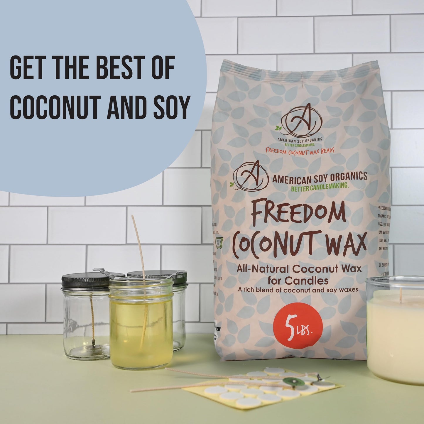 American Soy Organics Freedom Coconut Soy Wax Beads for Candle Making - Natural Candle Making Supplies - Paraffin-Free,Beeswax-Free Coconut Candle Wax for Container Candles,Tealights,Wax Melts 10 lbs
