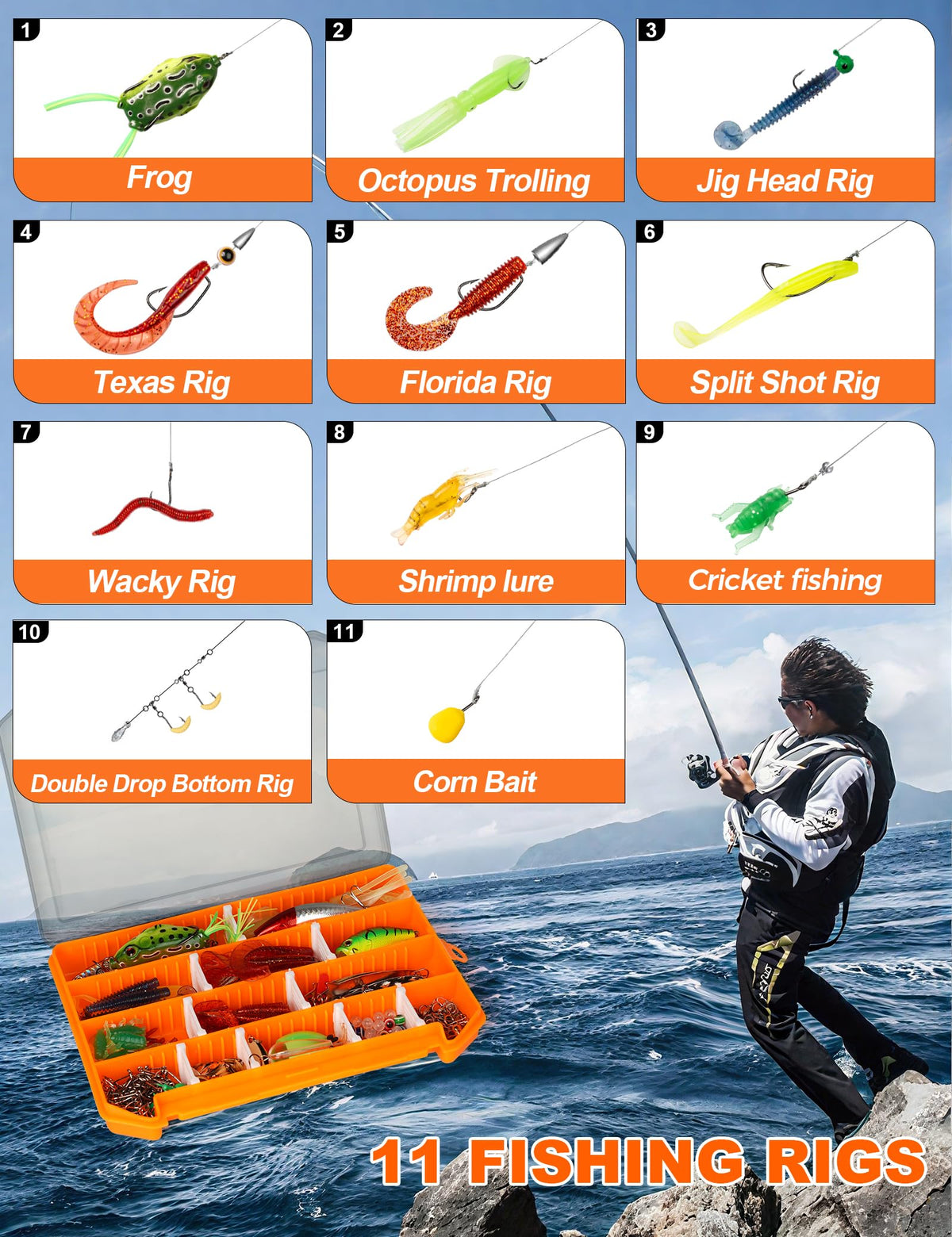 Pullther fishing Fishing Lures,380Pcs Tackle Box with Tackle Included, Fishing Gear with Frogs,Soft Baits, Hooks & Other Accessories,Fishing Bait Kit for Bass Trout