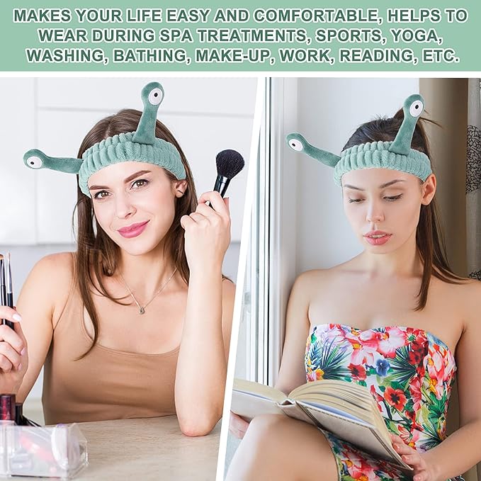 Face Wash Headband, Palm and Snail Spa Hair Bands Makeup Headbands Women Cartoon Cute Coral Fleece Elastic Headband Creative Hair Accessories for Washing Face Shower Sports (Green)