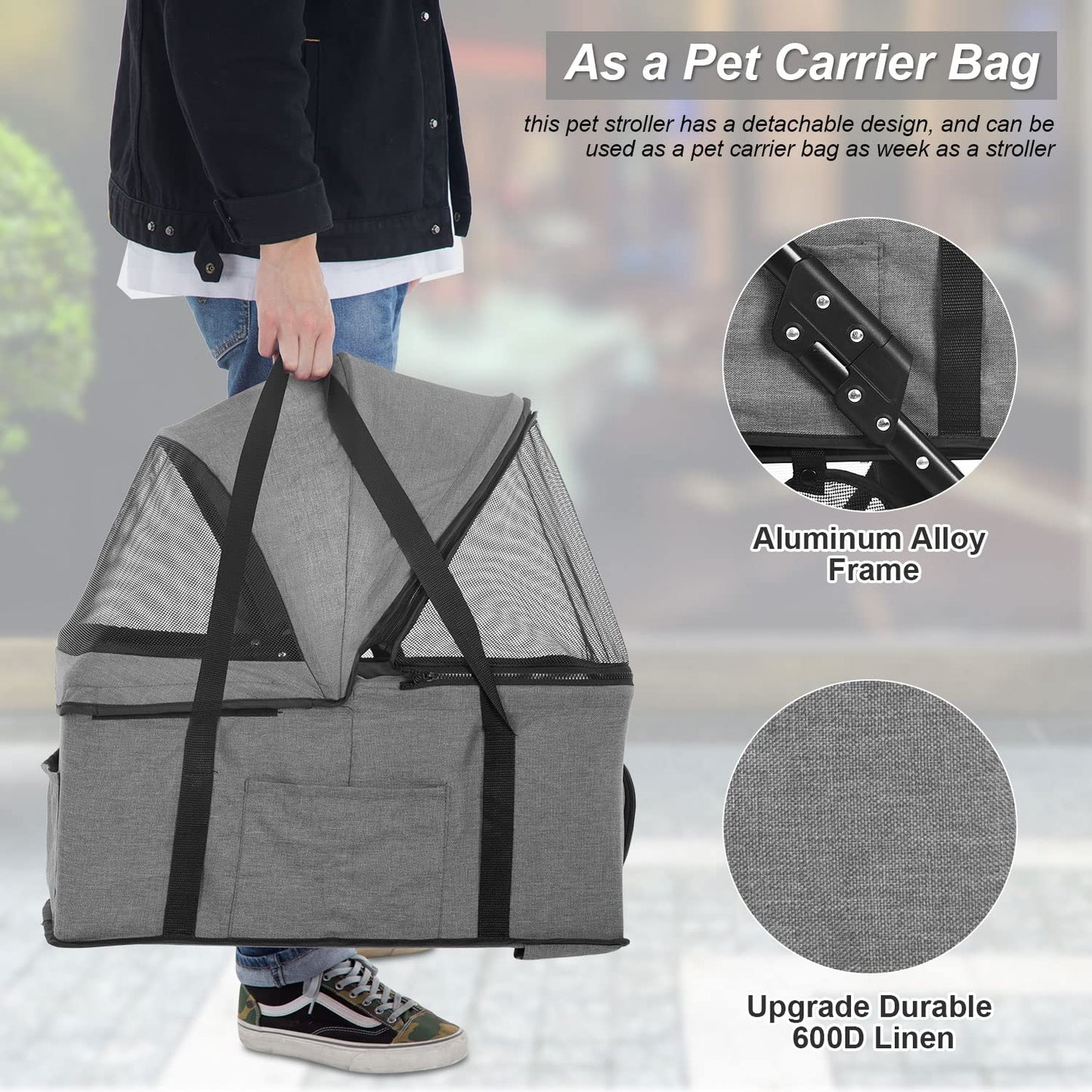 BestPet 3-Wheels Pet Stroller - Dog & Cat Premium 3-in-1 Multifunction Detachable Carrier Lightweight Folding Travel Stroller, Grey