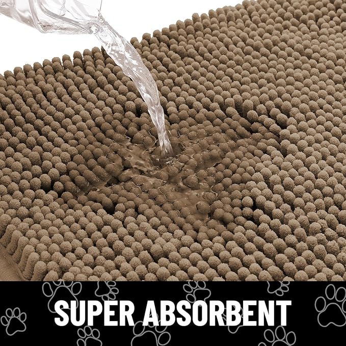 Smiry Dog Door Mat for Muddy Paws, Absorbent Dirt Trapper Non Slip Quick Dry Washable Chenille Mat for Mud Dogs, Entry Rug for Indoor and Outdoor (24x16 Inches, Camel and Black)