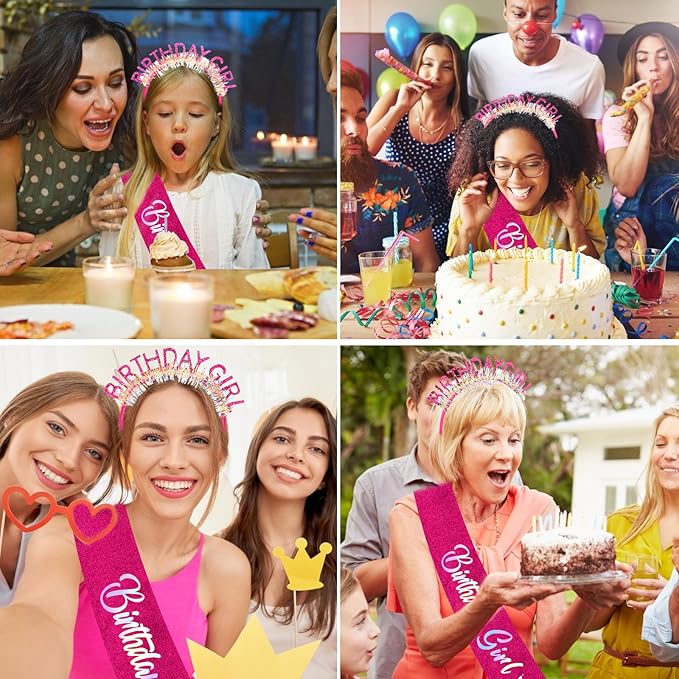 CIEHER Rose Pink Birthday Girl Headband & Birthday Sash for Women Girls Decorations & Party Favors
