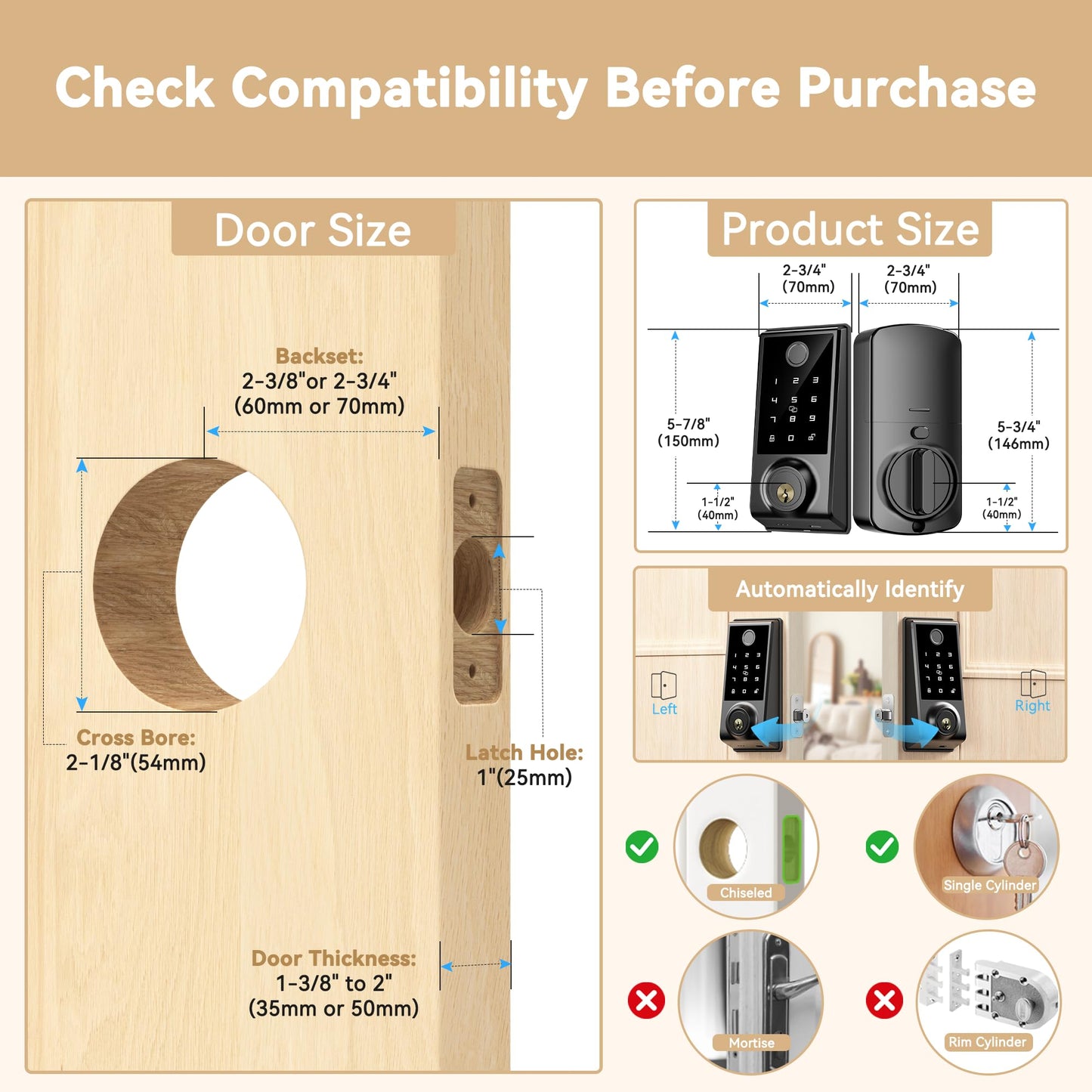 IRONZON Smart Door Lock, 5-in-1 Keypad Deadbolt for Front Door, Keyless Entry Door Lock with App Control, Auto-Lock, Anti-Peeping Password, 4 IC Cards, 15-Min Installation, Black