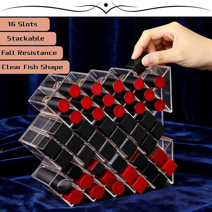 Lipstick Organizer Holder 16 Spaces Fish Shape Cosmetic Lip Gloss Organizers for Countertop Clear Acrylic Makeup Perfume Storage Drawer Bathroom Novelty Desk Decor Vanity Display for Girls Women(2PCS)