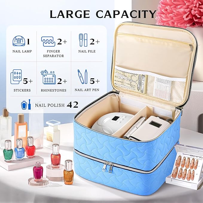DreamGenius Nail Polish Organizer Case Holds 42 Bottles, Portable Double-Layer Nail Polish Storage Bag with Adjustable Dividers for Manicure Tools, Light Blue