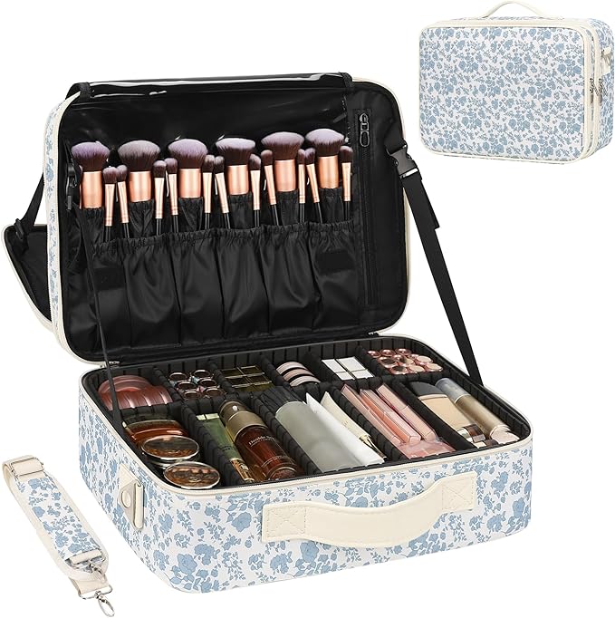 Relavel Makeup Case Large Makeup Bag Professional Train Case Travel Cosmetic Organizer Brush Holder Waterproof Makeup Artist Storage Box, 3 Layer Large Capacity, with Adjustable Strap, Floral Print