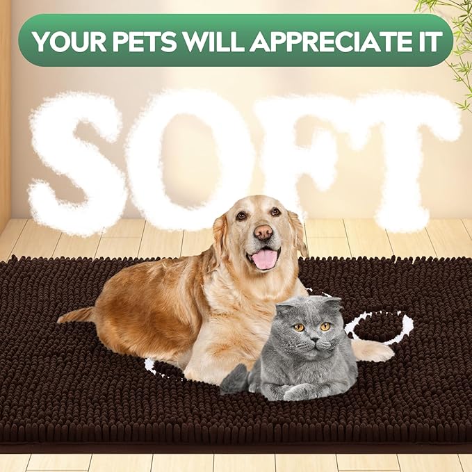 Dog Door Mat for Muddy Paws, Pet Rug Chenille Absorbent Outdoor Doormat 36"x 24", Non Slip Heavy Indoor Doormat Soft Front Inside Doormats for Entryway, Mud Paws, Patio,Dog Paw Brown