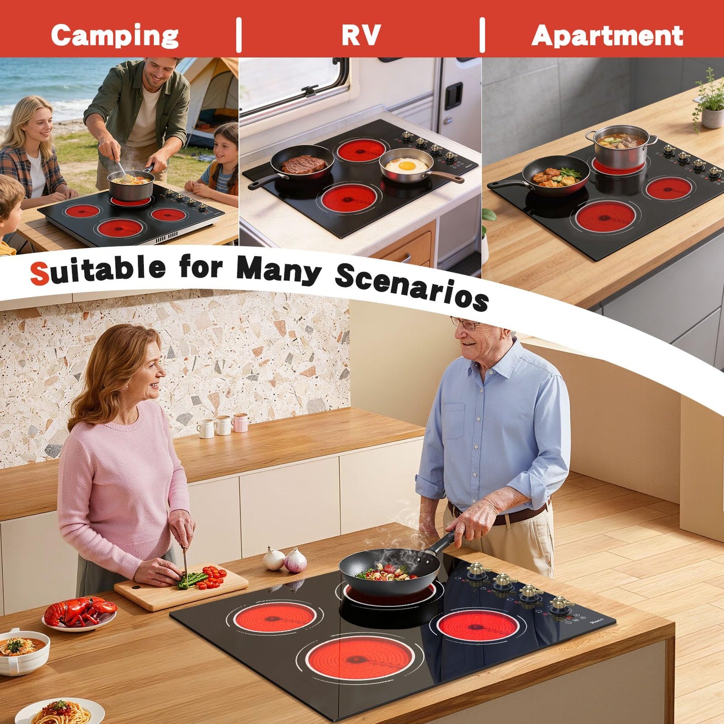 Disaenvir 2 Burner Electric Cooktop - 3000W Drop-in Two Burner Electric Stove 220V, 13 Inch Ceramic Stove with Knob Control, Timer, Safety Lock, Residual Heat Indicator, 220V Hard Wired (No Plug)