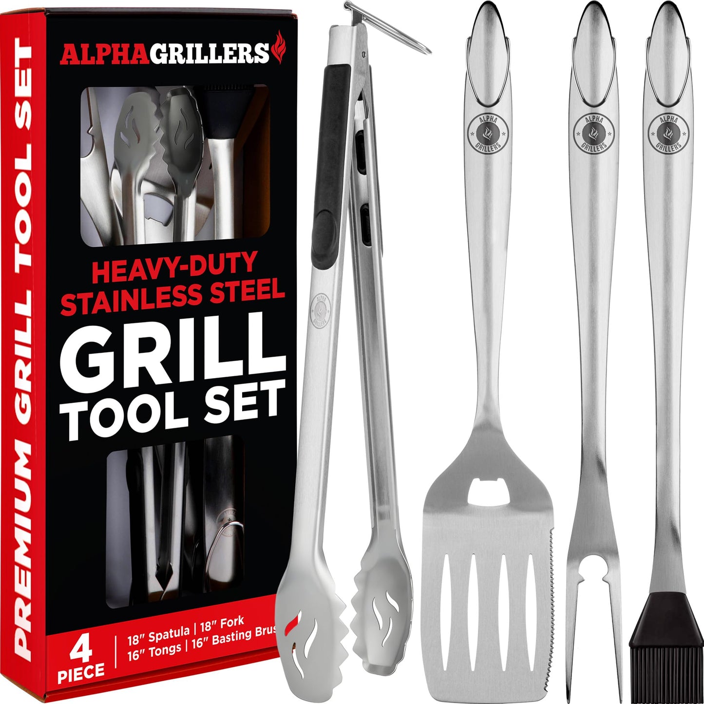 Alpha Grillers Grilling Accessories - BBQ Accessories Grill Set with Spatula, Fork, Brush & Tongs - Outdoor Barbecue Utensils Fathers Day Gift for Dad Husband Men Him Boyfriend