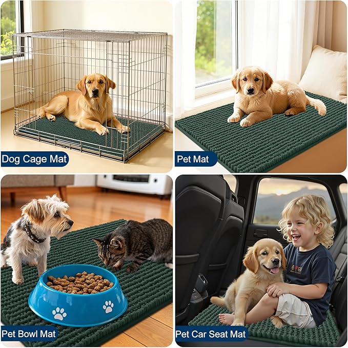 OLANLY Dog Door Mat for Muddy Paws 44x32, Ultra Absorbent Chenille Mud Doormat, Non-Slip Washable and Dirt Trapping Doormat for Indoor Entryway, Quick-Dry Indoor Pet Bed Mats for Dogs, Blackish Green