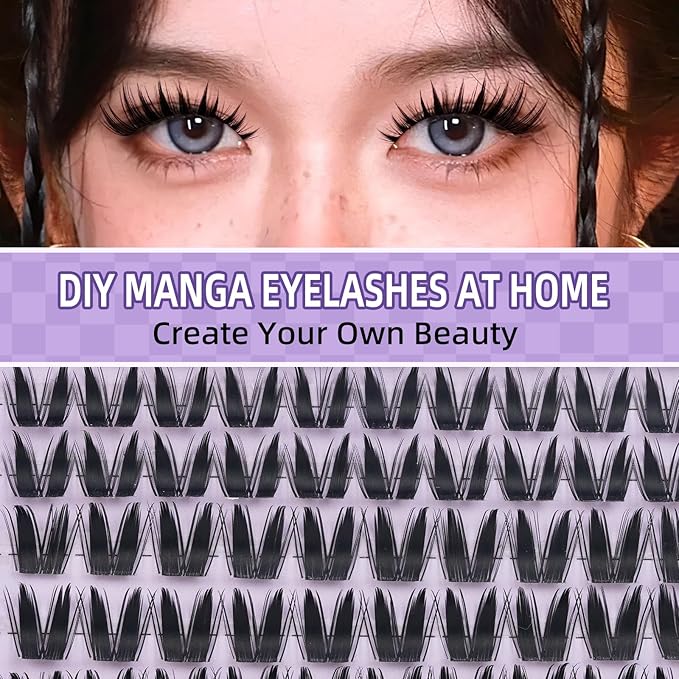 B&Qaugen Bunny Lash Clusters Kit Manga Lashes CC Curl Wispy Natural Invisible Band Eyelash Clusters, Waterproof DIY Lash Extensions at Home, Wet Look for Cosplay & Daily Wear (Lash Kit-Anime 05)
