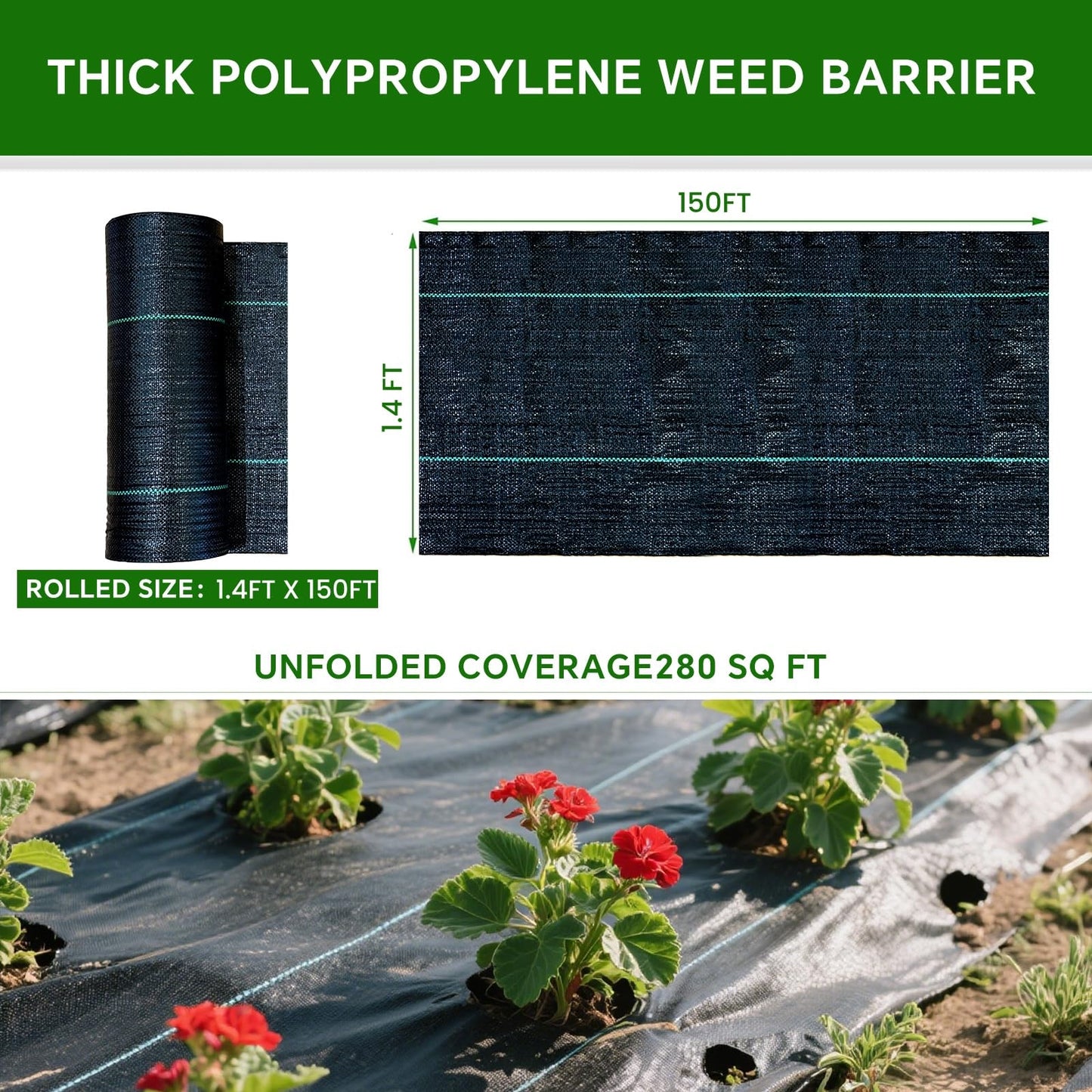 Vanver Weed Barrier Landscape Fabric Heavy Duty,1.4FT x 150 FTPremium Garden Weed Blocker Fabric for Weed Control, Plastic Ground Cover with Woven Weed Cloth,Durable Landscaping Fabric