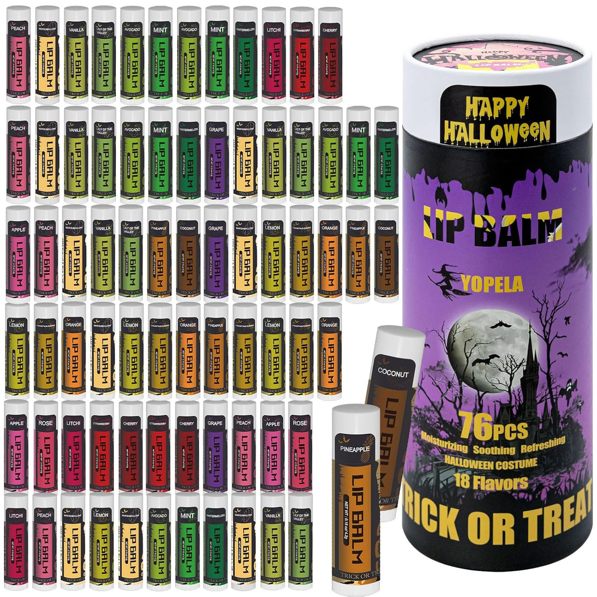 Yopela 76 Packs Halloween Lip Balm,18 Flavors Natural Chap Stick in Bulk, Moisturizing Stocking Dry Lips, Men Women Kids Party Gifts, Lip Care Product with Gift Card
