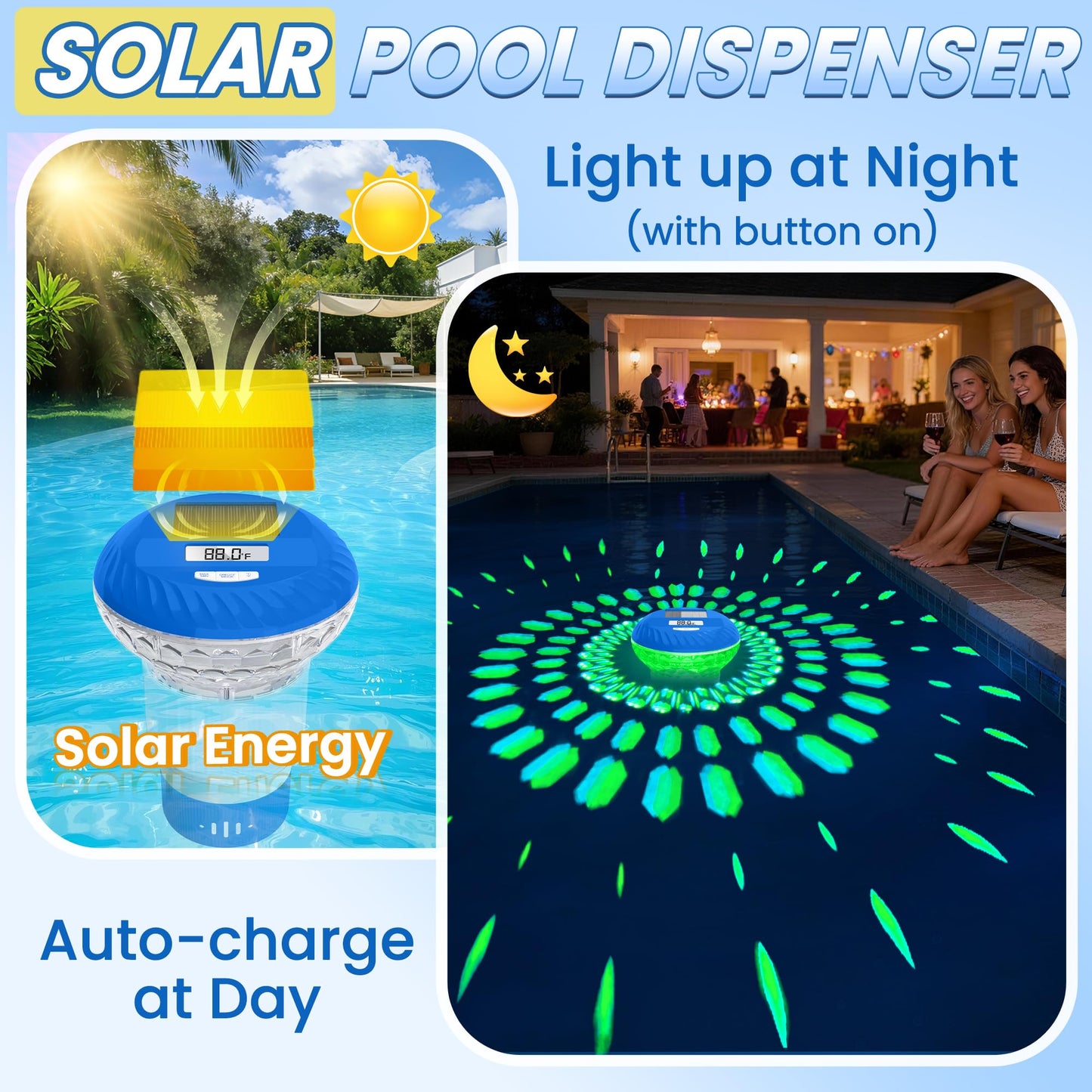 FineBud 2026 Upgraded Pool Chlorine Floater with Thermometer, Digital Screen Pool Chlorine Floater,Solar Pool Chlorine Floaters with Light, Button Control Floating Chlorine Dispenser for Pool (Blue)