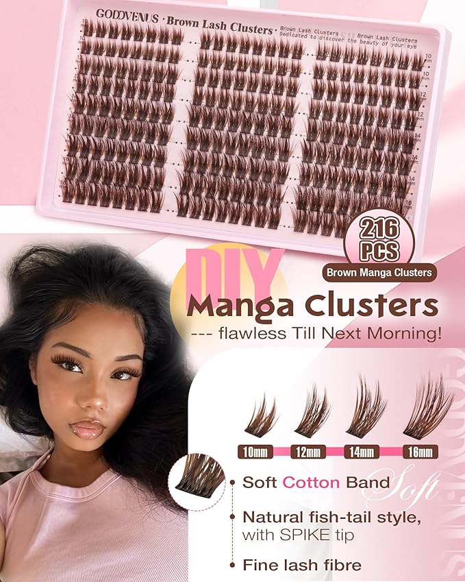 Goddvenus Brown Wispy Lash Clusters Manga Eyelashes Clusters Natural Cluster Eyelash Extensions Fairy DIY Lash Extension Anime C Curl Waterproof Individual Eye Lashes