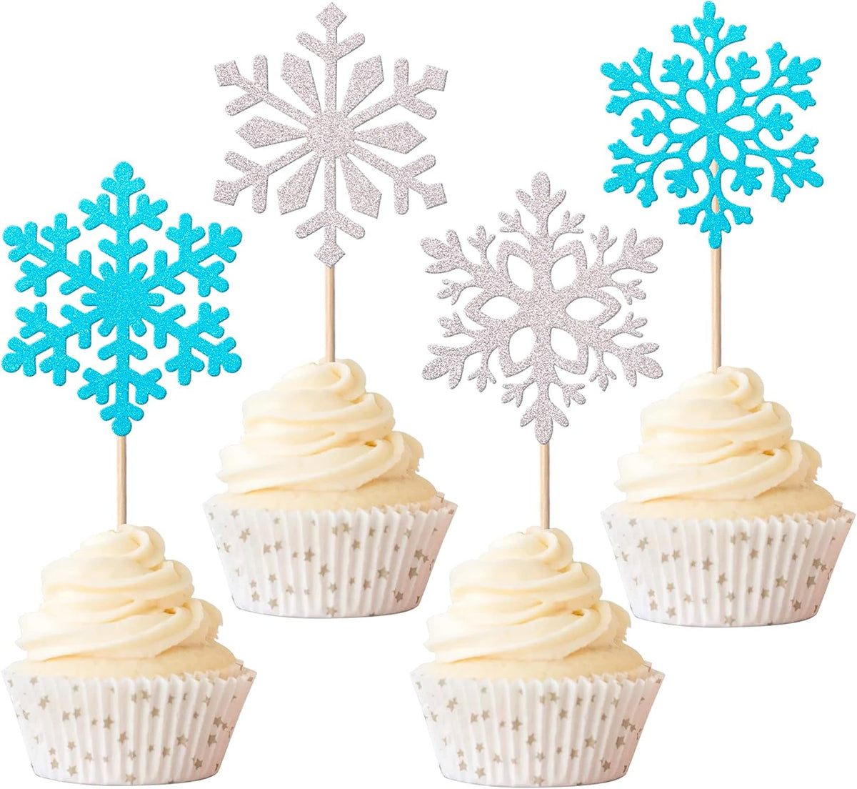 Rsstarxi 24 Pack Snowflake Cupcake Toppers Glitter Winter Frozen Theme Cupcake Picks Baby Shower Cake Decorations for Snowflake, Christmas, Kids Birthday Party Supplies Silver and Blue