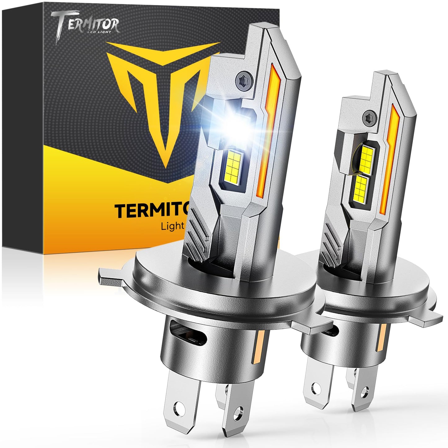 Termitor H4/9003/HB2 LED Bulbs, 50,000LM 1200% Ultra Brighter, 6500K Cool White, 85000Hrs Long Life with Cooling Fan, 1:1 Halogen Size, Plug and Play, H4 Fog Lights Bulbs, Pack of 2