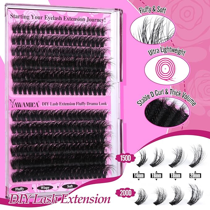 Yawamica Fluffier Lash Clusters Kit 150D+200D Thick Volume Lash Extension 14-20mm Wispy Eyelash Clusters Individual Lashes Kit with Bond, Remover, Applicator for DIY Lash Extension