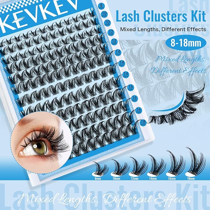 KEVKEV Lash Clusters Kit 144pcs Manga Lashes Clusters 8-18mm Lash Extension Kit Thin Band Eyelash Extension Kit Lash Clusters with Lash Bond and Seal Eyelash Clusters Kit DIY Lash At Home(Kit-K02)