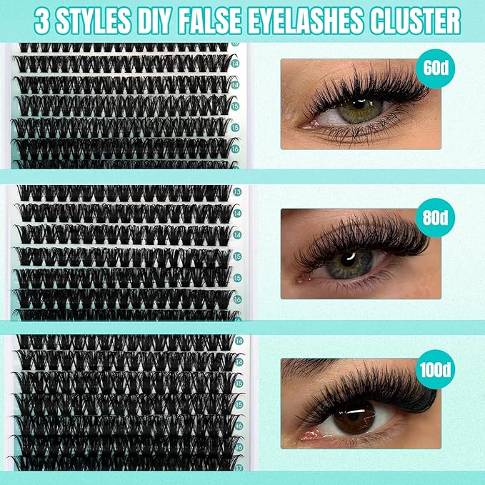 GEMERRY Lashes Clusters Kit Thick Lash Clusters 3 Styles 840Pcs Fluffy Lash Clusters Kit with Waterproof Bond and Seal Remover Tweezers for Beginners(60D+80D+100D)