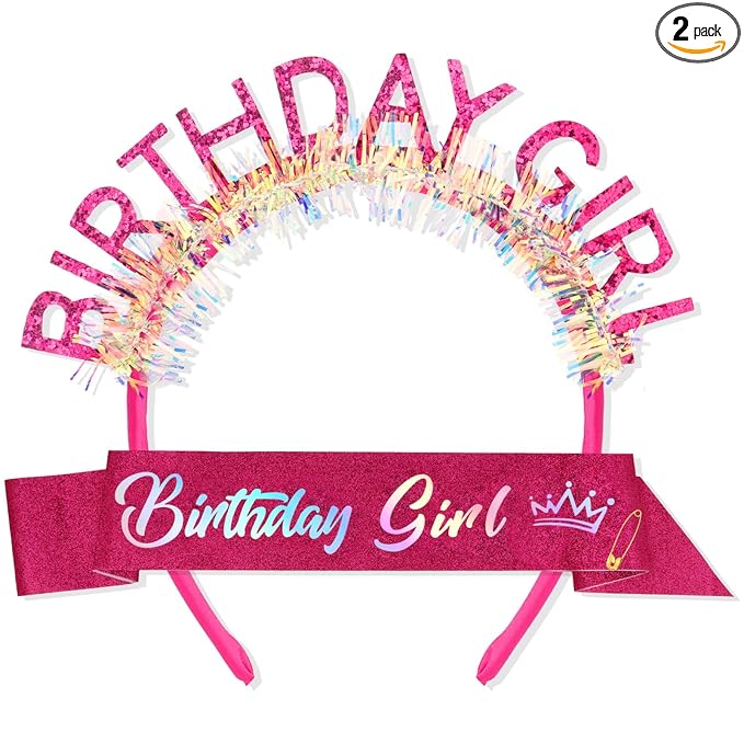 CIEHER Rose Pink Birthday Girl Headband & Birthday Sash for Women Girls Decorations & Party Favors