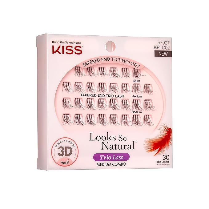 KISS Looks So Natural Trio Lash Medium Combo Pack, False Eyelashes with Tapered End Technology, 3D Lengths & Angles, Easy Grip Tray with Built-In Glue Pocket, 30 Trio Lashes in Short & Medium Lengths