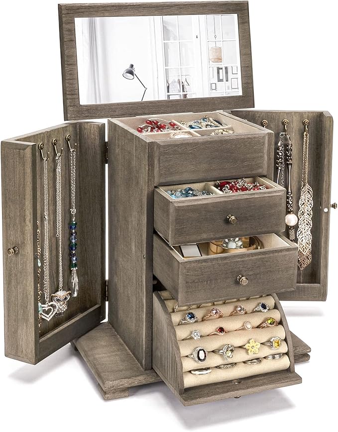 Emfogo Jewelry Box for Women, Rustic Wooden Jewelry Boxes & Organizers with Mirror, 4 Layer Jewelry Organizer Box Display for Rings Earrings Necklaces Bracelets (Weathered Gray)