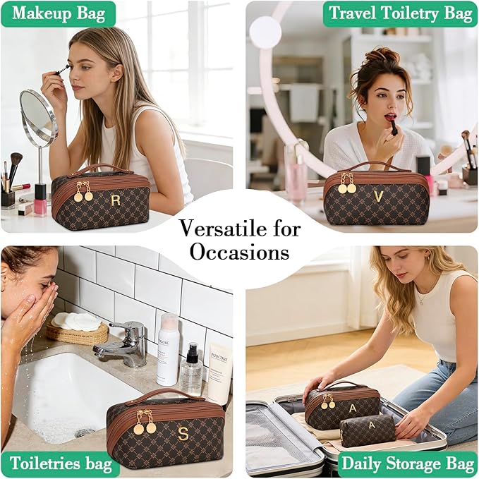 Birthday Gifts for Women Teen Girl, Personalized Initial Makeup Organizer Bag Set, Open Flat Travel Cosmetic Bag With Clear Divider and Handle(Coffee,H)