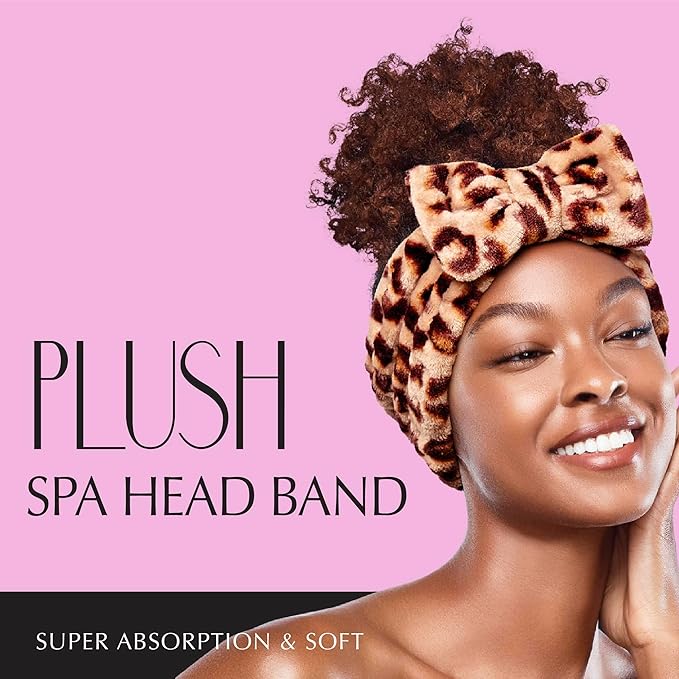 Red by Kiss Spa Headband for Washing Face Facial Makeup Bow Head Band Soft Plush Fleece Stretchy Head Wraps for Women Shower Bath Washing Face Mask (Leopard)