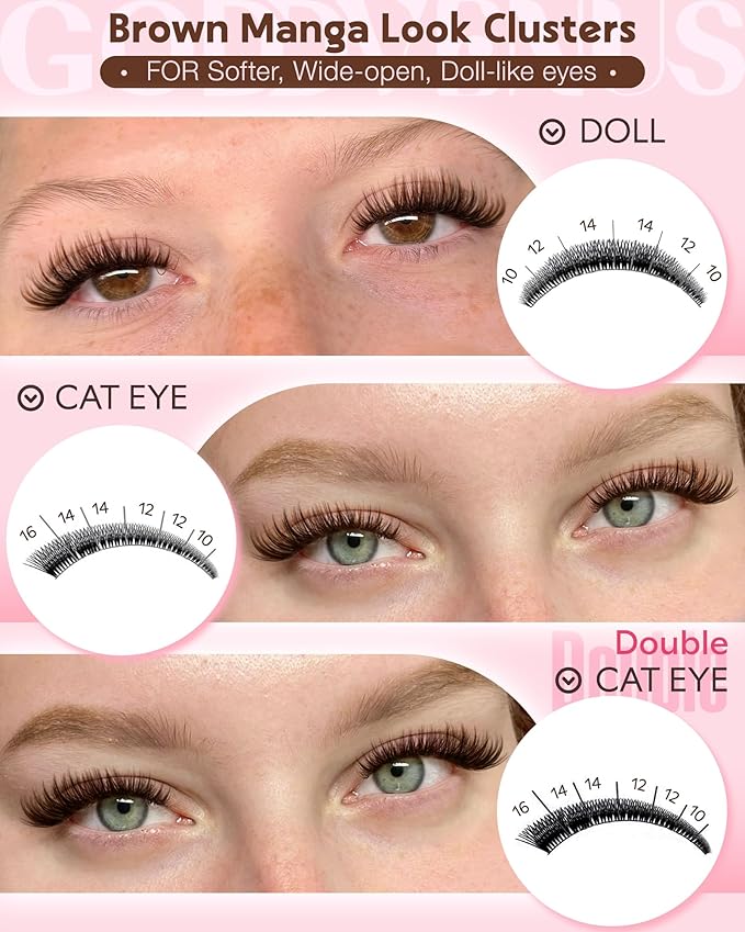 Goddvenus Brown Wispy Lash Clusters Manga Eyelashes Clusters Natural Cluster Eyelash Extensions Fairy DIY Lash Extension Anime C Curl Waterproof Individual Eye Lashes