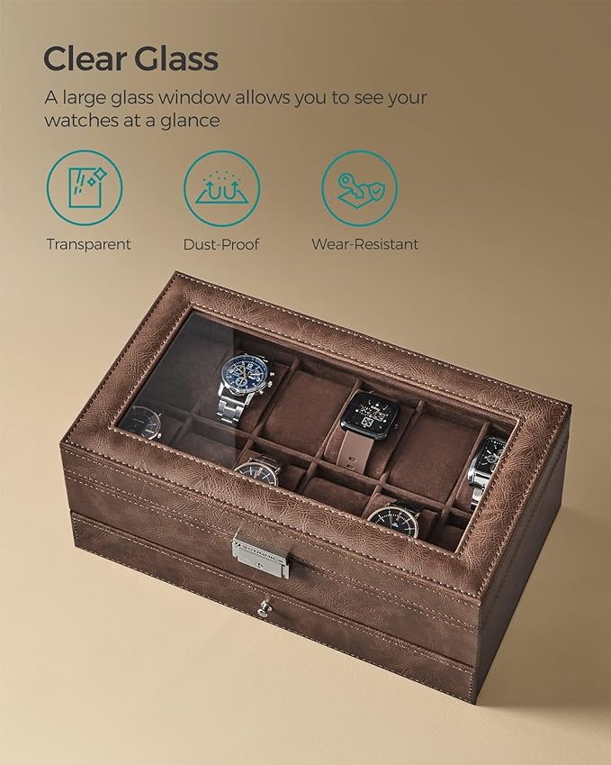 SONGMICS Watch Box, 12-Slot Watch Case Organizer with Large Glass Lid, 2 Layers, Removable Pillows, Metal Lock, Gift for Loved Ones, Brown Synthetic Leather, Brown Lining UJWB012K01