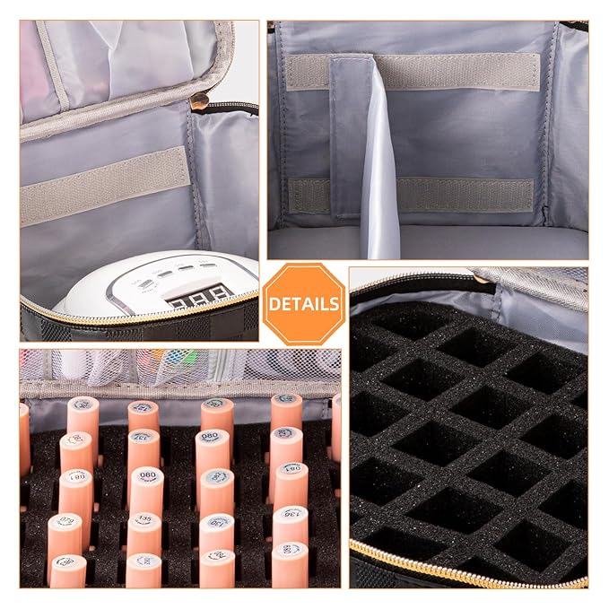 Portable Nail Polish Organizer Bag with UV Light Case - Holds 30 Bottles and 1 UV Nail Lamp, Double-Layers Nail Dryer Case for Gel Nail Polish Kit, Nail Art Decorations（Checkered Black）