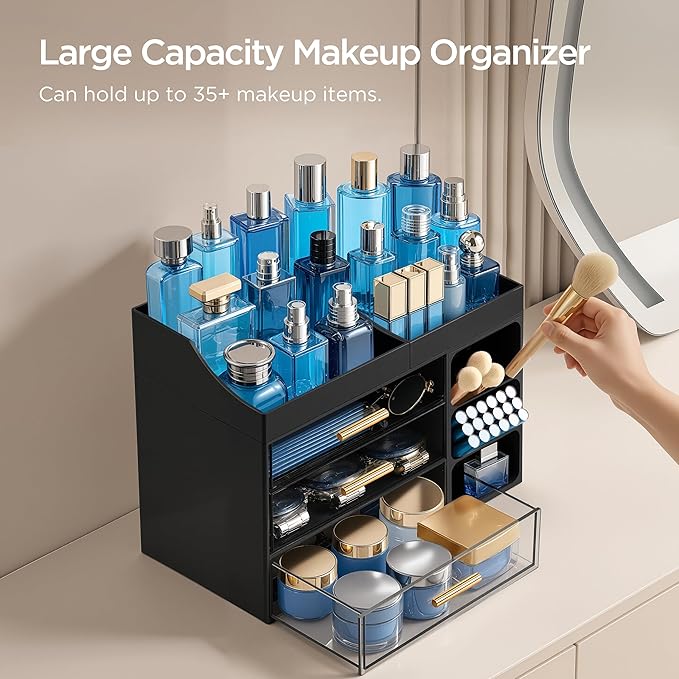 HBlife Cologne Organizer for Men Makeup Organizer Countertop with Brush Holder, Large Bathroom Counter Organizer with Drawers, Plastic Dresser Organizer Storage Fathers Day Gift for Dad Husband, Black