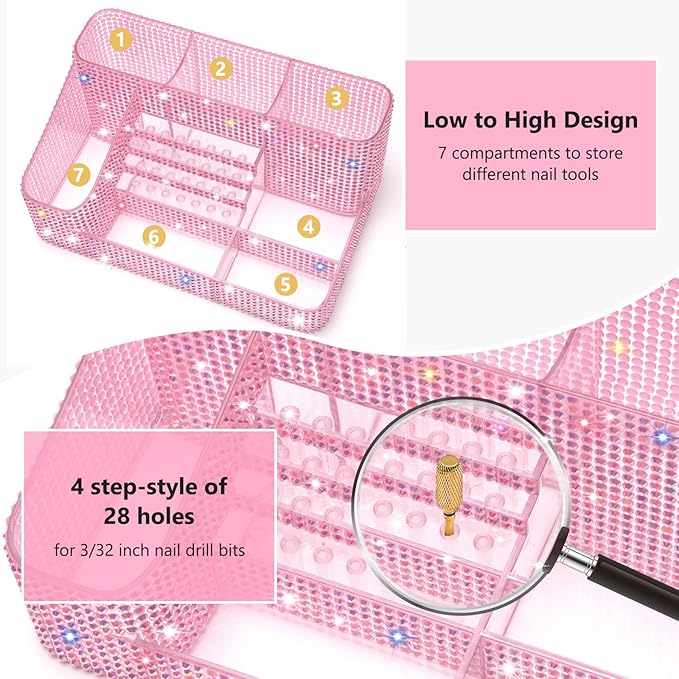 CGBE Nail Drill Holder, 28 Holes Drill Bit Holder for Nails, Professional Nail Tool Organizer, Nail Desk Organizer for Nail Tech, Nail Salon DIY Use - Diamond LightPink